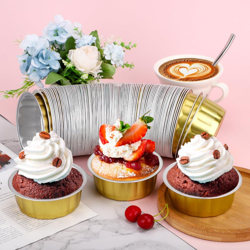 Beasea 8 oz 100 Pack Aluminum Ramekins, Disposable Ramekins Foil Cups Baking 3.9" Ramekin Cup Muffin Cupcake Aluminum Baking Cup Mini Pudding Souffle Cups for Party Wedding Birthday - Gold - Image 5